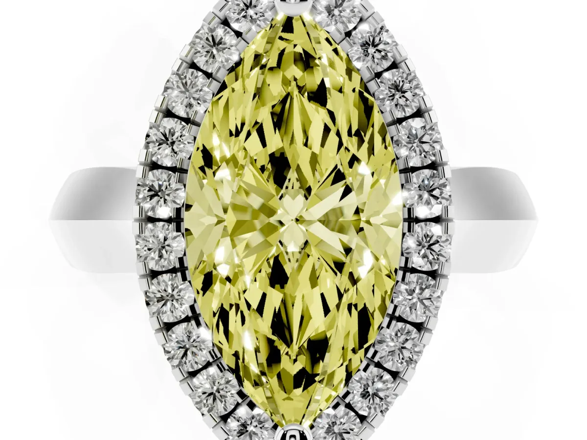 Fancy Yellow Marquise Cut Cut Halo Solitaire Engagement Ring with Square Band and Four-Prong Setting Platinum
