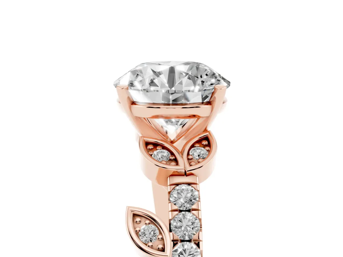 Round Cut Solitaire Leaf-Inspired Diamond Ring with Pavé Band and Four-Prong Setting Rose gold