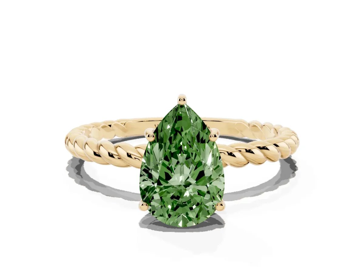 Fancy Green Pear Cut Solitaire Twist Band Ring with Four-Prong Setting Yellow gold