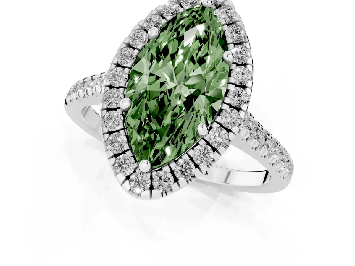 Fancy Green Marquise Cut Diamond Cushion Halo Ring with Pavé Band White gold