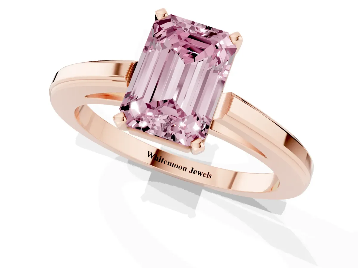 Fancy Pink Emerald Cut Solitaire Diamond Ring with Four-Prong Setting and Classic Band Rose gold