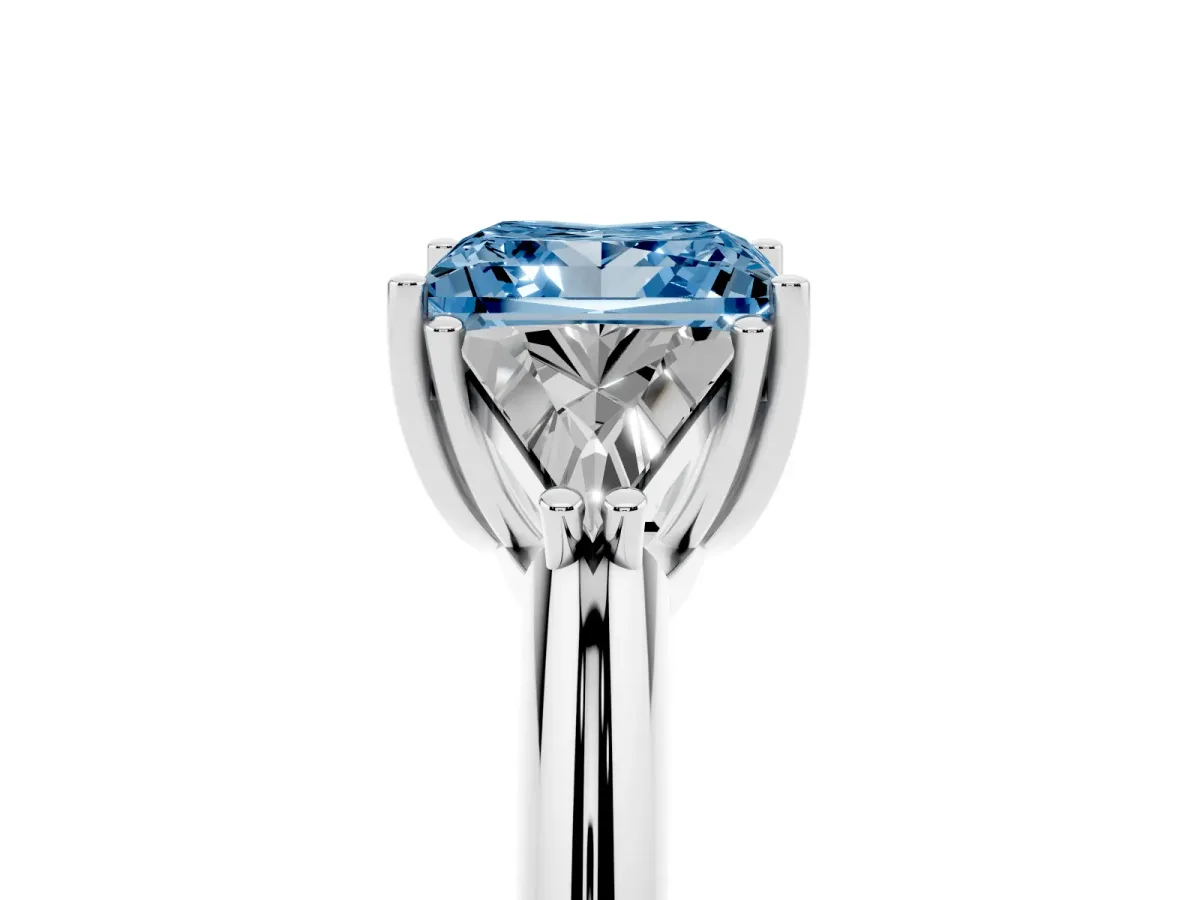 Fancy Blue Three-Stone Princess Cut Diamond Engagement Ring with Trillion Side Stones and Prong Setting Silver