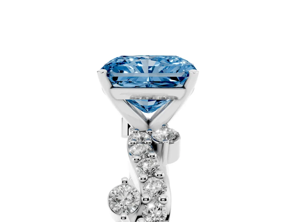Fancy Blue Radiant Cut Cut Solitaire Diamond Twisted Band with Pave Setting Silver