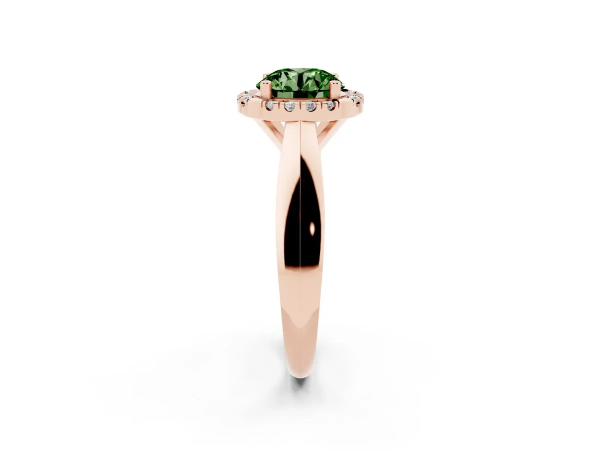 Fancy Green Round Cut Cut Halo Solitaire Engagement Ring with Square Band and Four-Prong Setting Rose gold