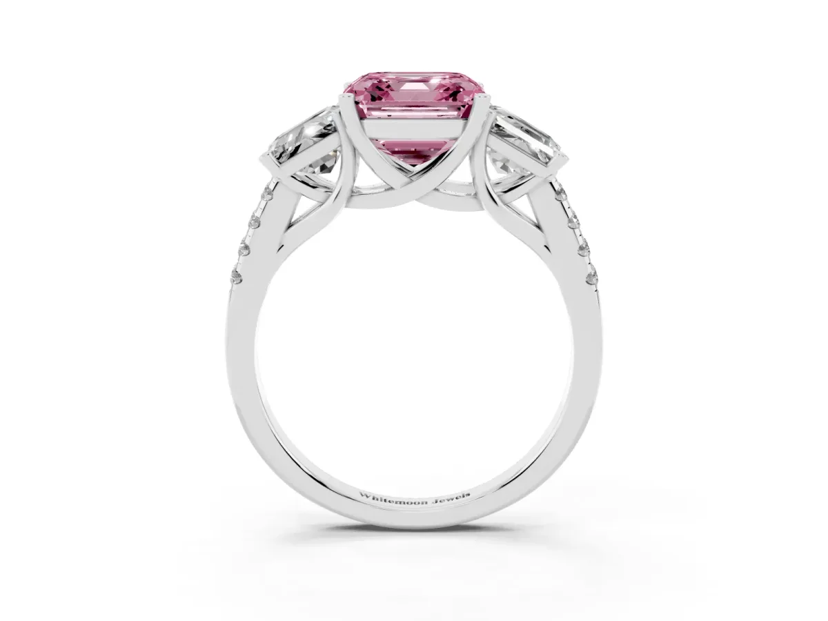 Fancy Pink Three-Stone Asscher Cut Diamond Ring with Round Pavé Band and Prong Setting Silver