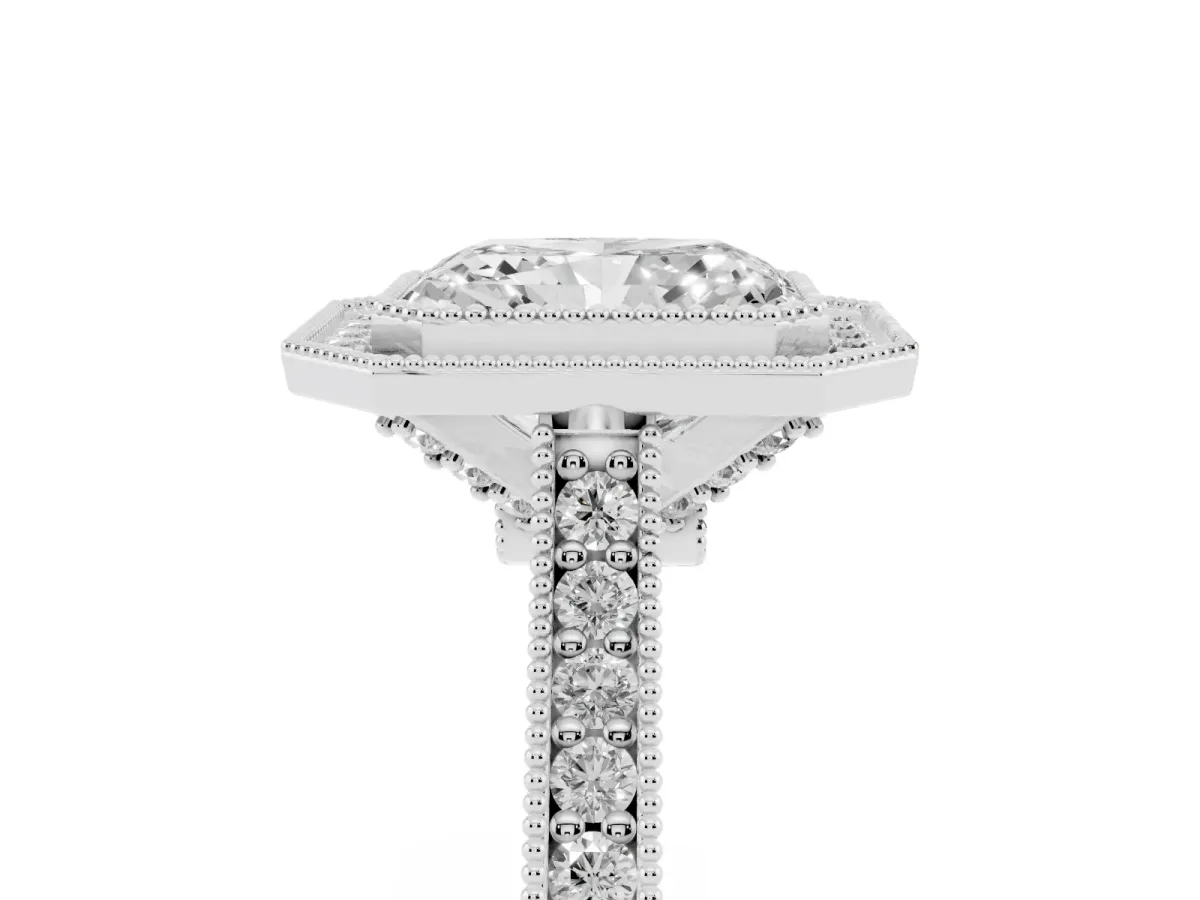 Halo Radiant Cut-Cut Diamond Pave Band Milgrain Prong Setting Ring Silver