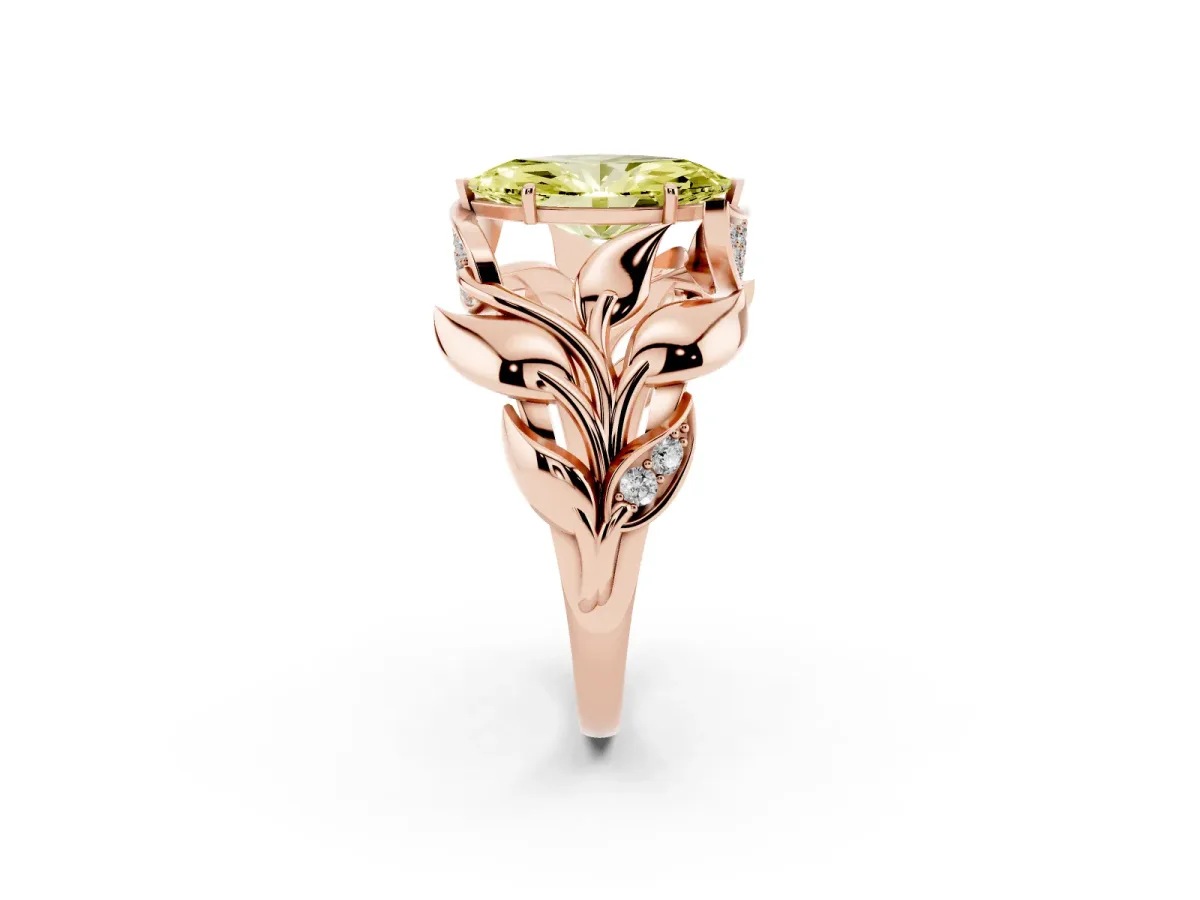 Fancy Yellow Marquise Cut Diamond Leaf-Inspired Engagement Ring with Round Accents and Prong Setting Rose gold