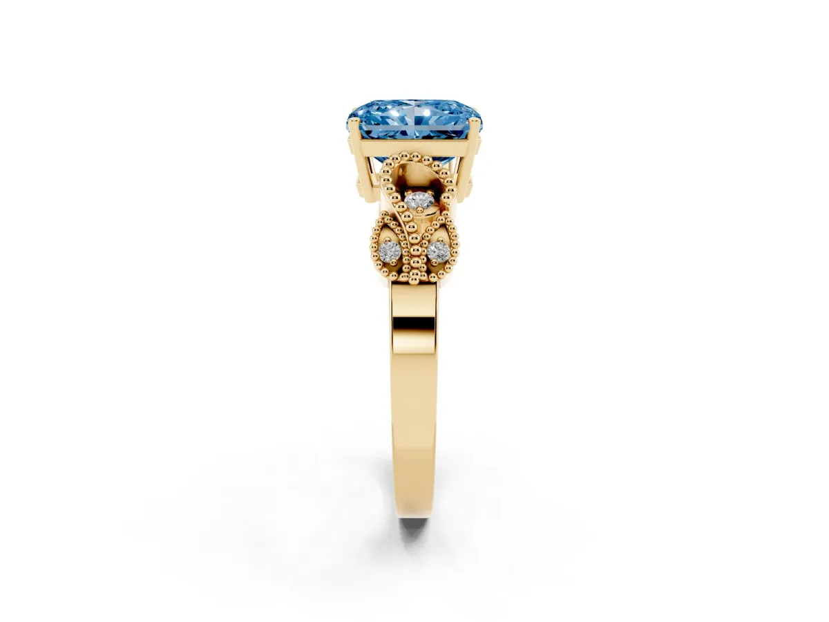 Fancy Blue Princess Cut Solitaire Milgrain Leaf Band with Prong Setting Yellow gold
