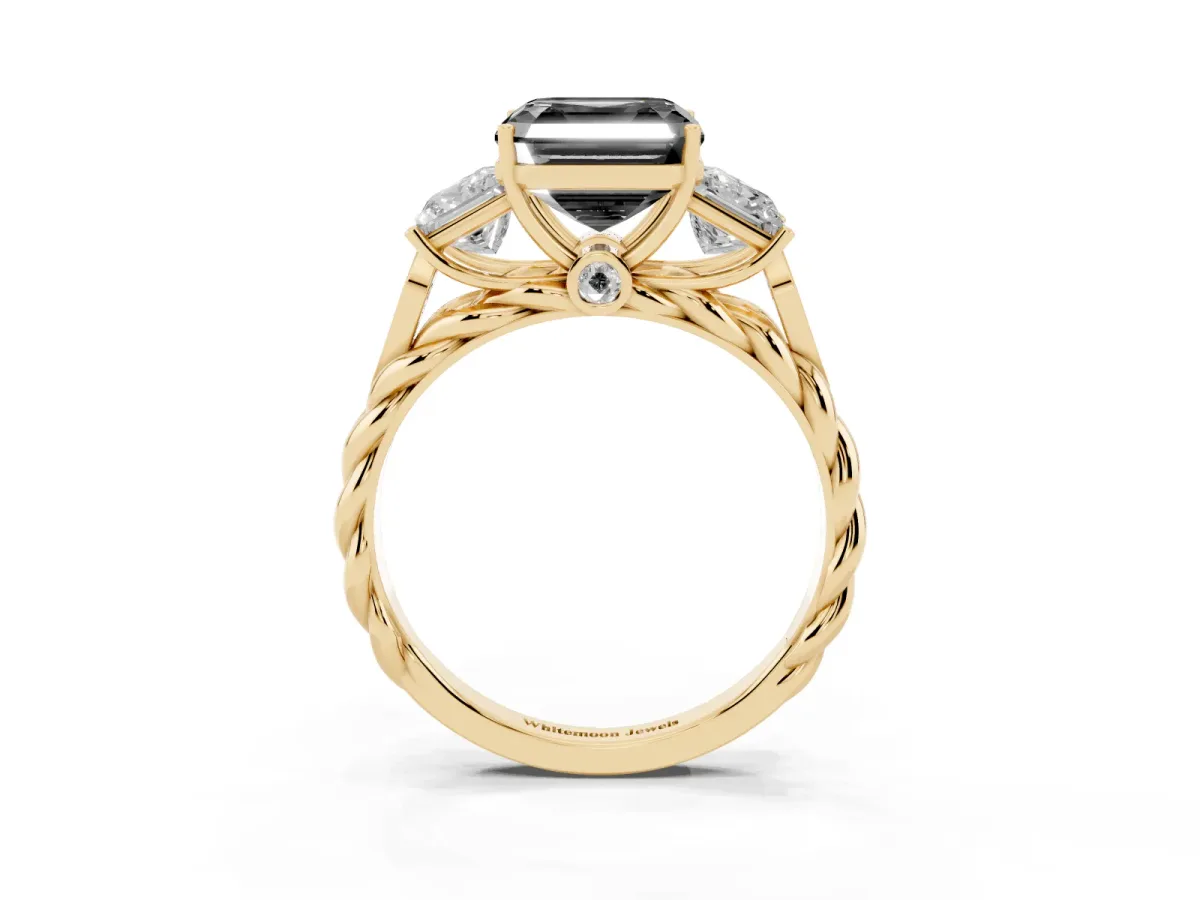 Fancy Black Three-Stone Asscher Cut Diamond Braided Band Ring with Four-Prong Setting Yellow gold