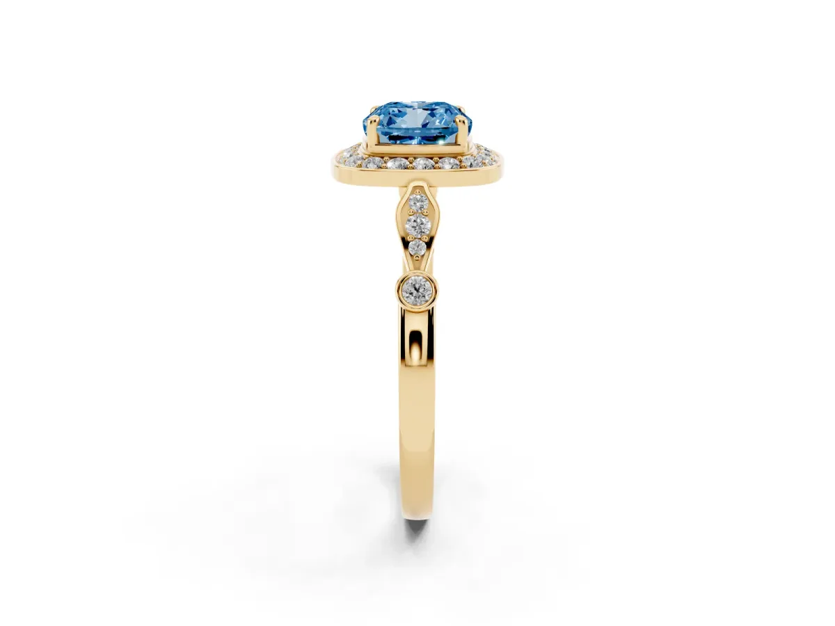 Fancy Blue Cushion Cut Halo Diamond Engagement Ring with Twisted Band and Four-Prong Setting Yellow gold