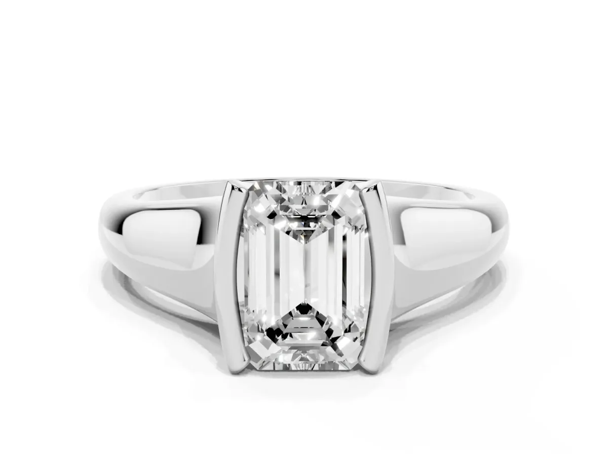 Emerald Cut Solitaire Tension Set Diamond Ring with Split Shank Band Platinum