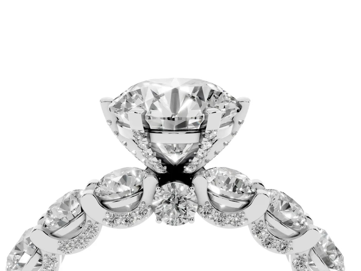 Round Cut Diamond Side Stone Engagement Ring with Four-Prong Setting Silver
