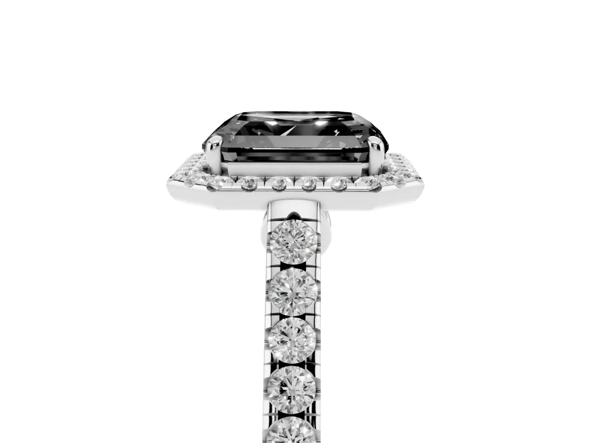 Fancy Black Asscher Cut Halo Pave Diamond Engagement Ring with Four-Prong Setting Silver
