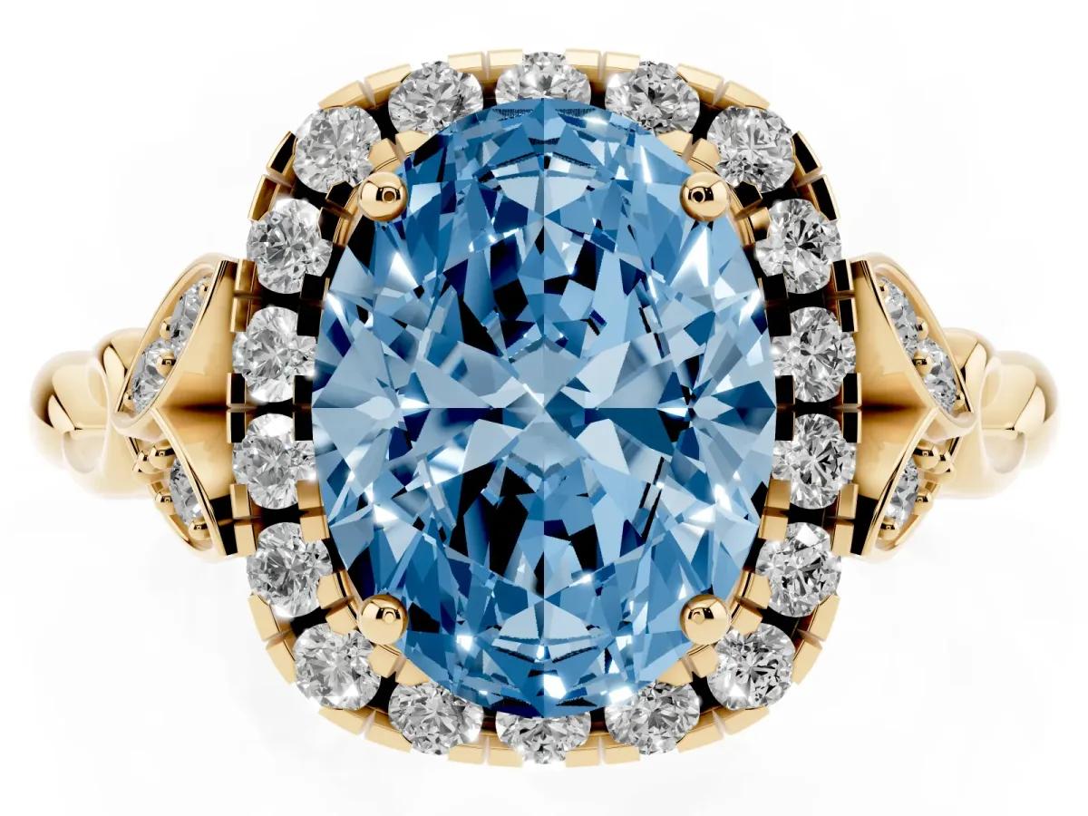 Fancy Blue Oval Cut Halo Diamond Engagement Ring with Vintage-Inspired Band and Four-Prong Setting Yellow gold