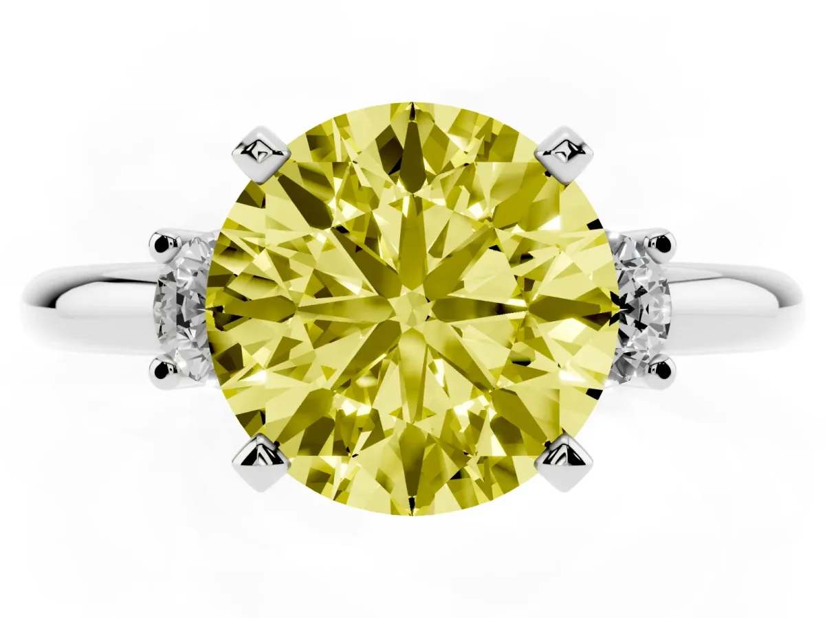 Fancy Yellow Three-Stone Round Cut Cut Diamond Solitaire with Prong Setting and Classic Band Silver