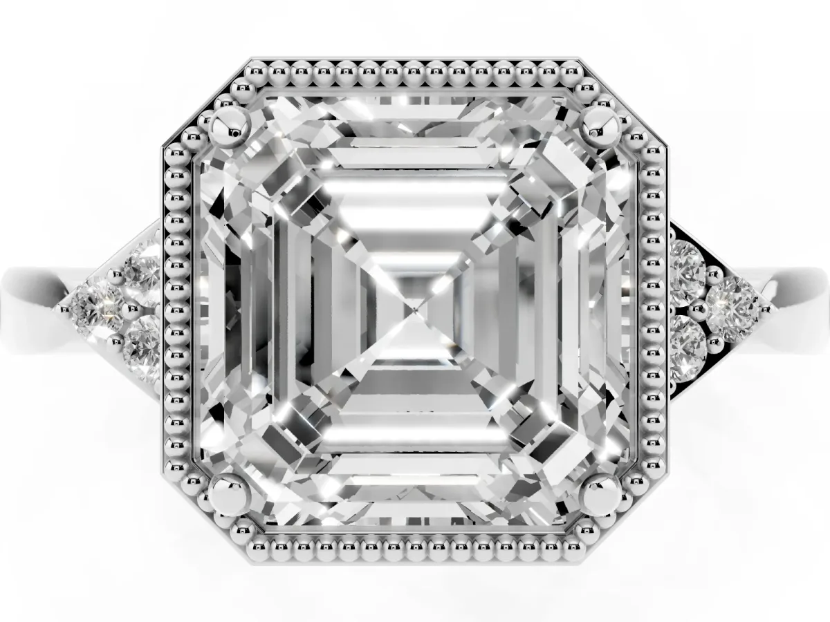 Hexagonal Halo Asscher Cut Diamond Solitaire with Pavé Band and Four-Prong Setting Silver