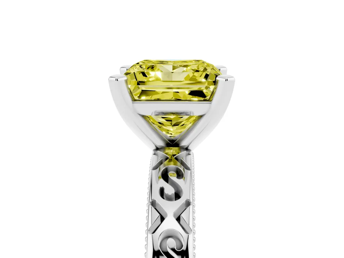 Fancy Yellow Princess Cut Solitaire Engagement Ring with Scrollwork Band and Four-Prong Setting Silver
