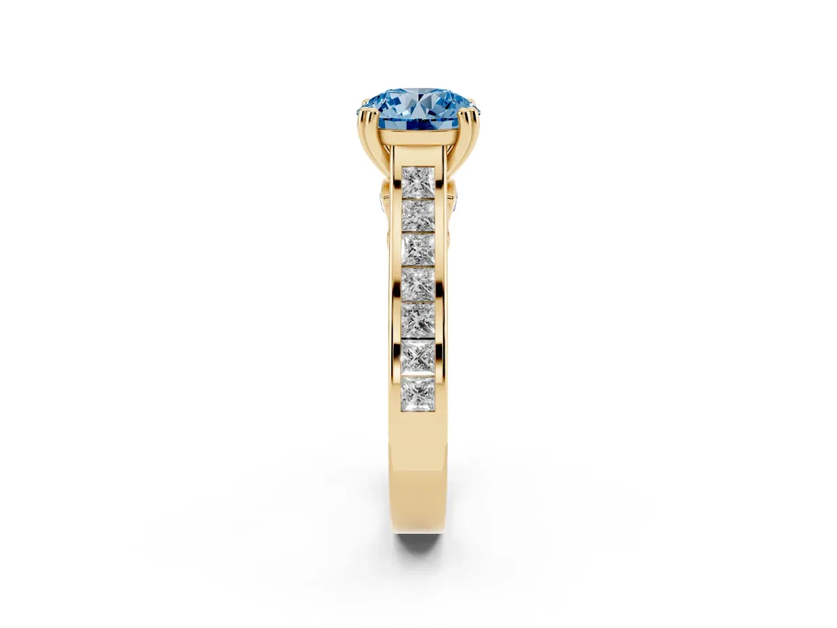 Fancy Blue Round Cut Cut Channel Set Solitaire Engagement Ring with Prong Setting Yellow gold