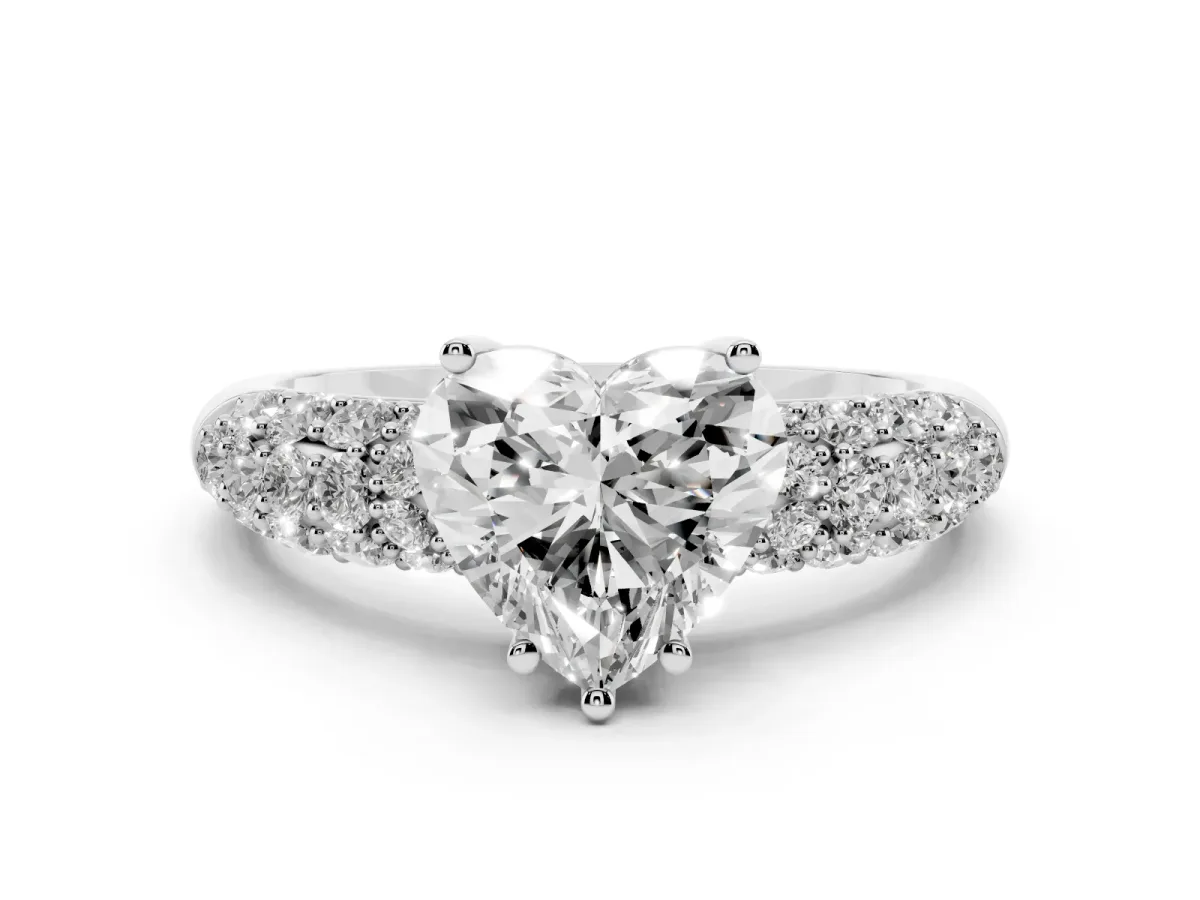 Heart Cut Diamond Pavé Band Solitaire Ring with Four-Prong Setting Silver