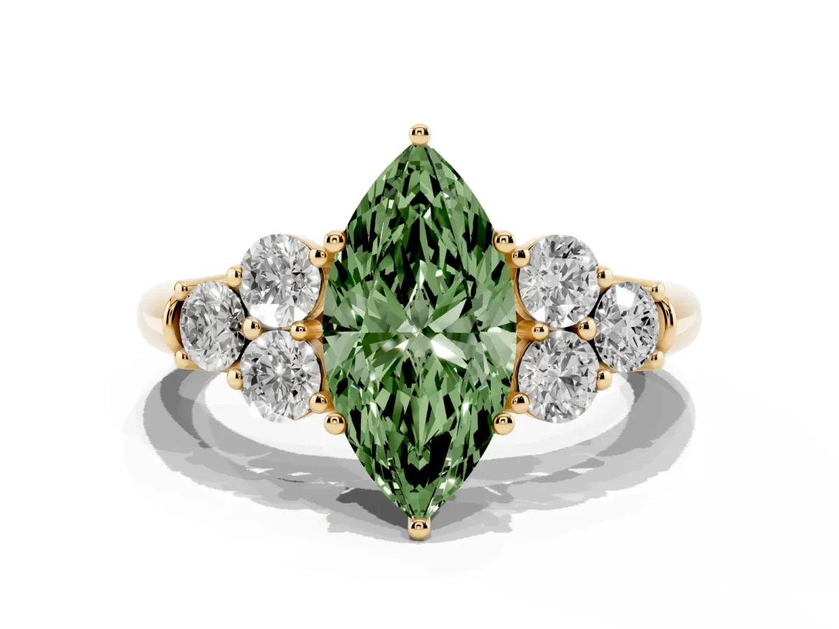 Fancy Green Marquise Cut Cut Diamond Cluster Ring with Round Accent Stones and Prong Setting on a Classic Band Yellow gold