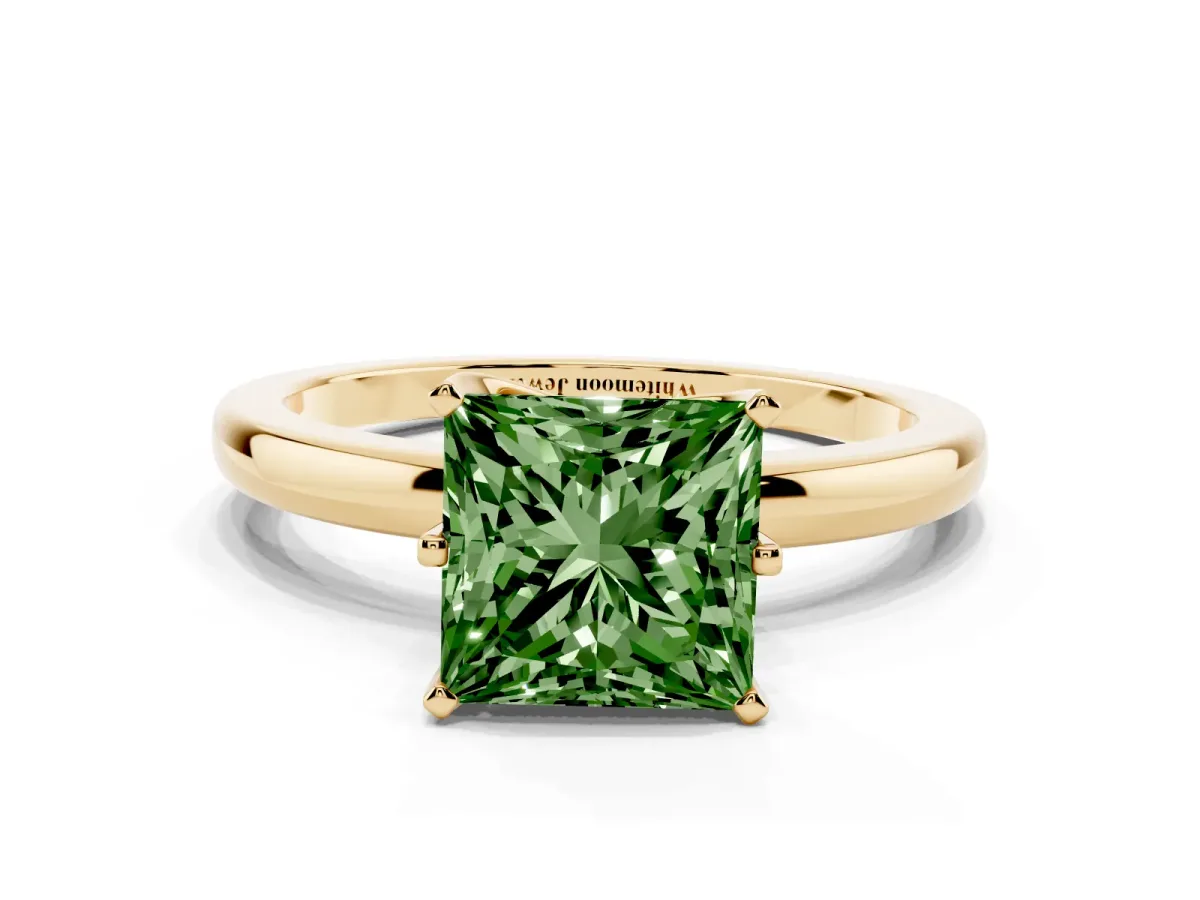 Fancy Green Princess Cut Solitaire Diamond Ring with Six-Prong Setting on a Classic Band Yellow gold