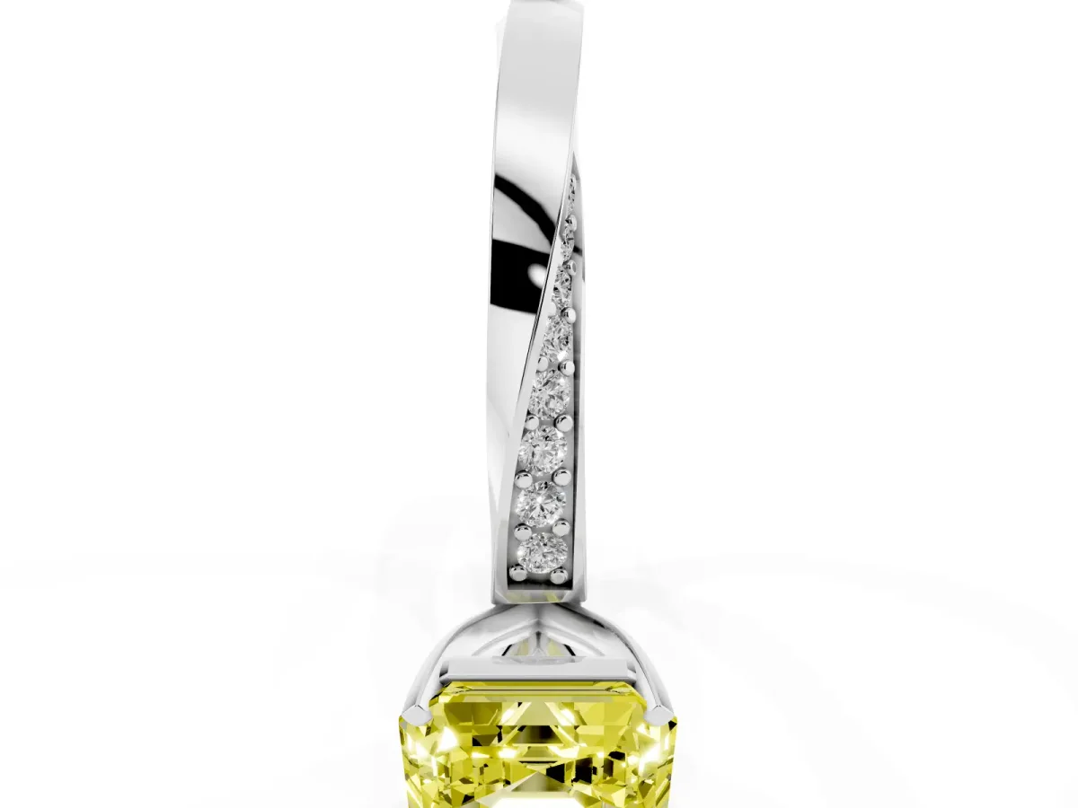 Fancy Yellow Asscher Cut Diamond Engagement Ring with Side Stone Accents and Four-Prong Setting Silver