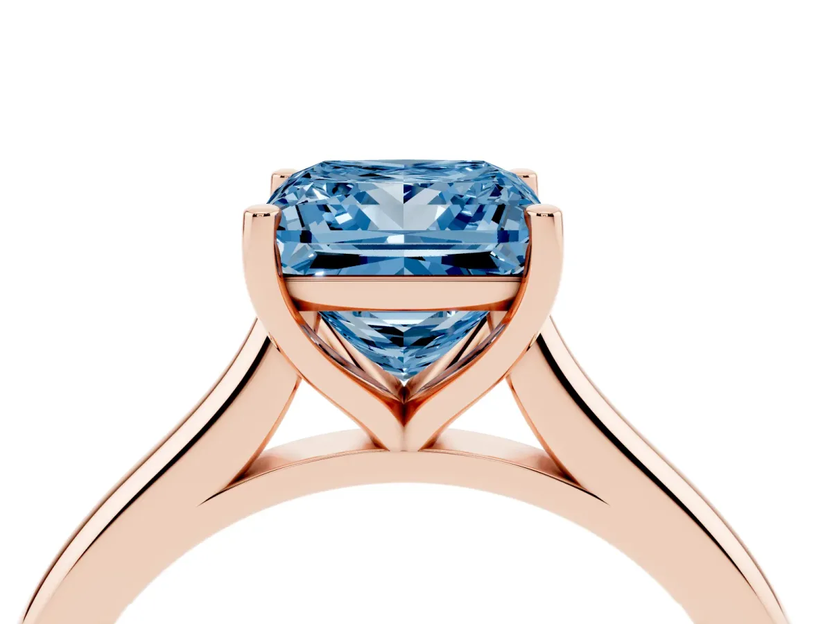 Fancy Blue Princess Cut Cut Solitaire Ring with Cathedral Band and Four-Prong Setting Rose gold