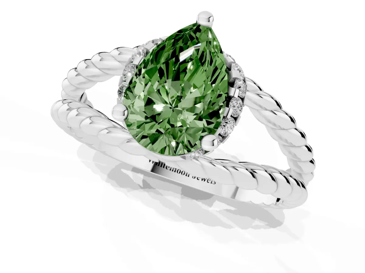 Fancy Green Pear Cut Halo Twisted Band Four-Prong Ring Silver