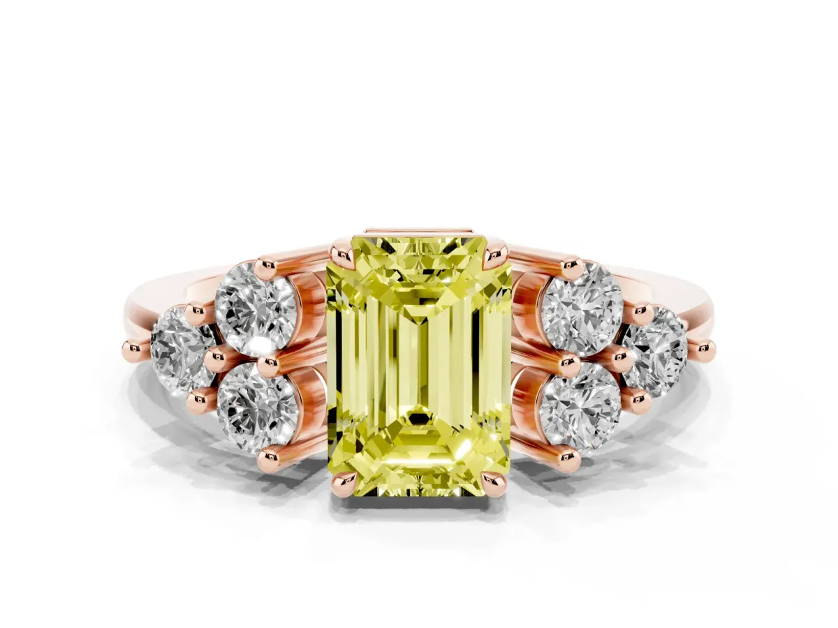 Fancy Yellow Emerald Cut Brilliant Diamond Cluster Accent Solitaire Ring with Prong Setting Rose gold