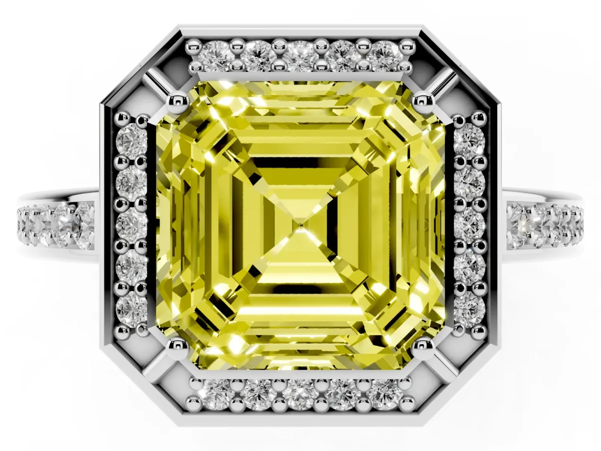 Fancy Yellow Asscher Cut Cut Halo Pave Split Shank Prong Setting Ring Silver