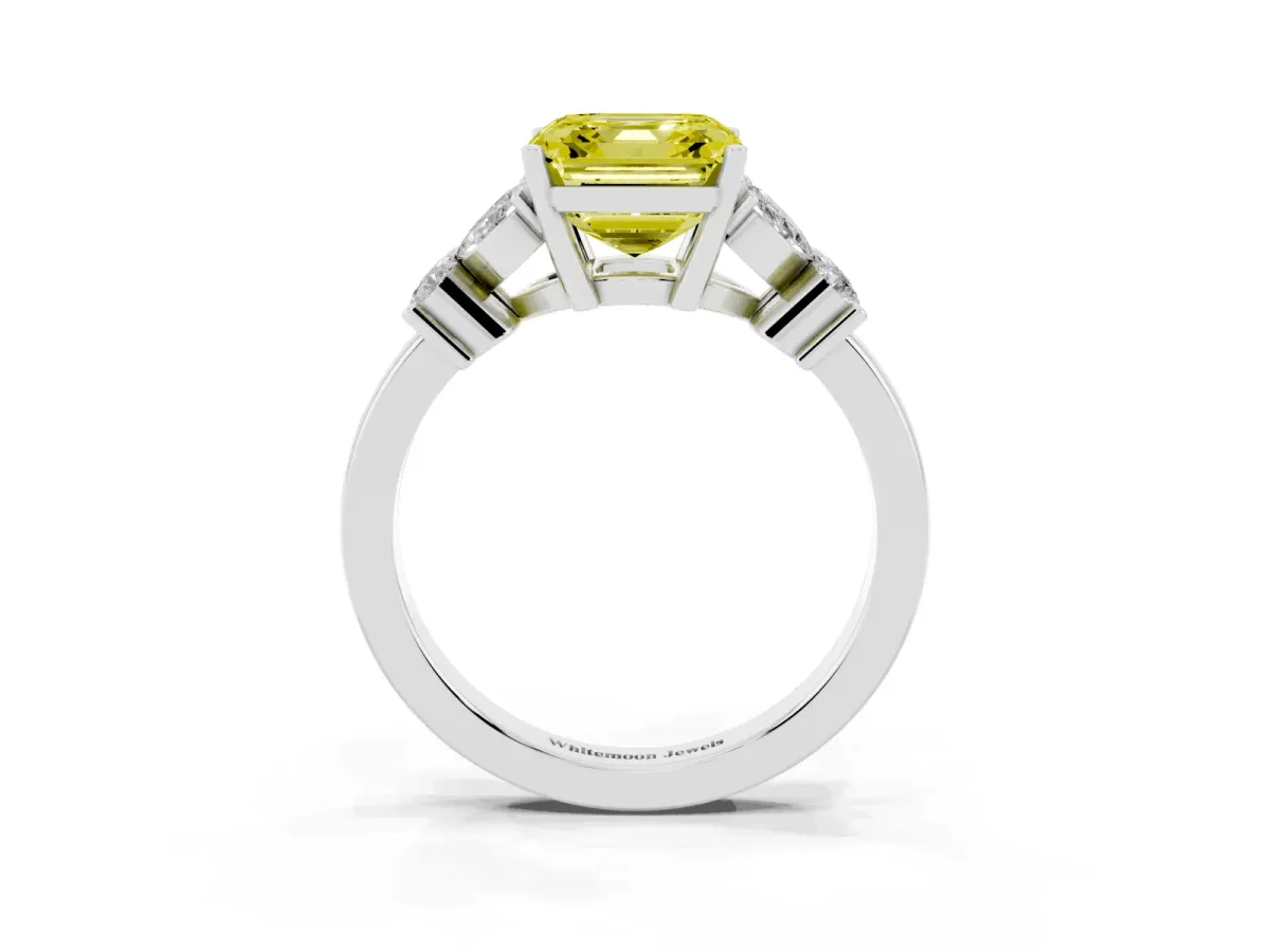 Fancy Yellow Asscher Cut Diamond Floral Cluster Ring with Solitaire Band and Prong Setting White gold
