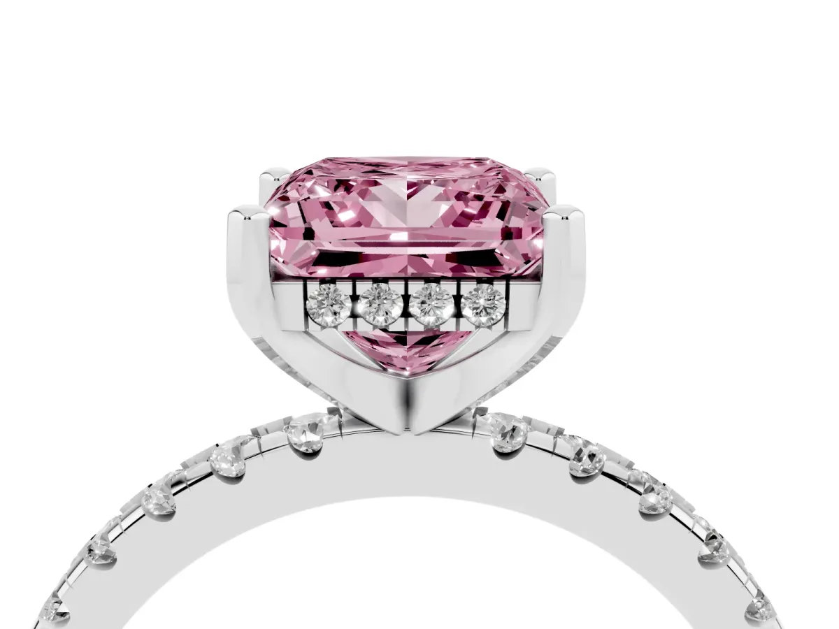Fancy Pink Princess Cut Diamond Solitaire Ring with Round Pavé Band and Four-Prong Setting Silver