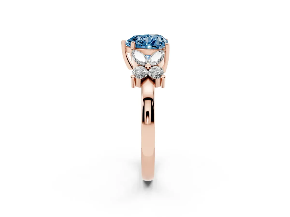 Fancy Blue Heart Cut Diamond Floral Cluster Ring with Solitaire Band and Prong Setting Rose gold