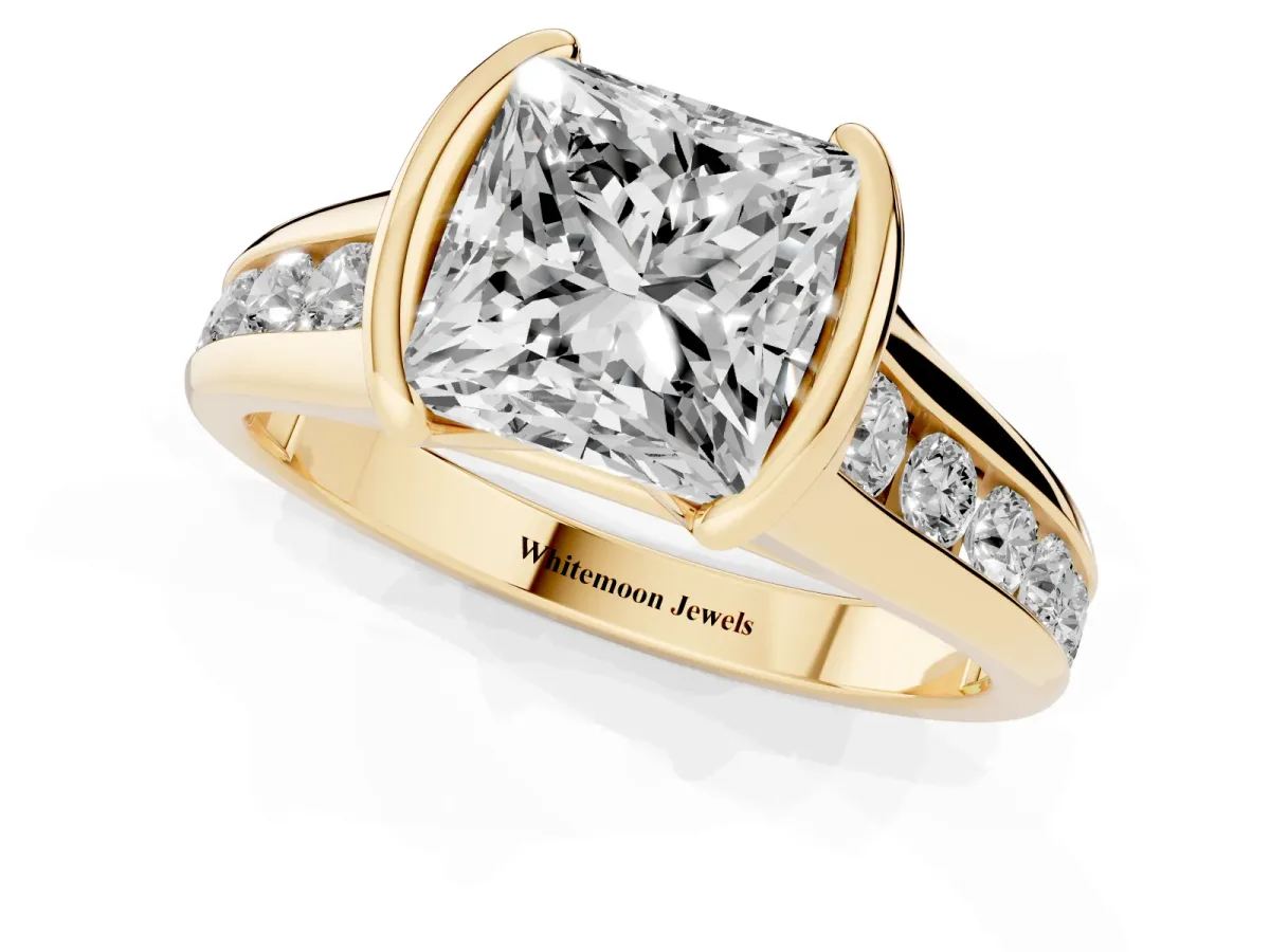 Princess Cut Solitaire Bezel-Set Diamond Ring with Channel-Set Band Yellow gold