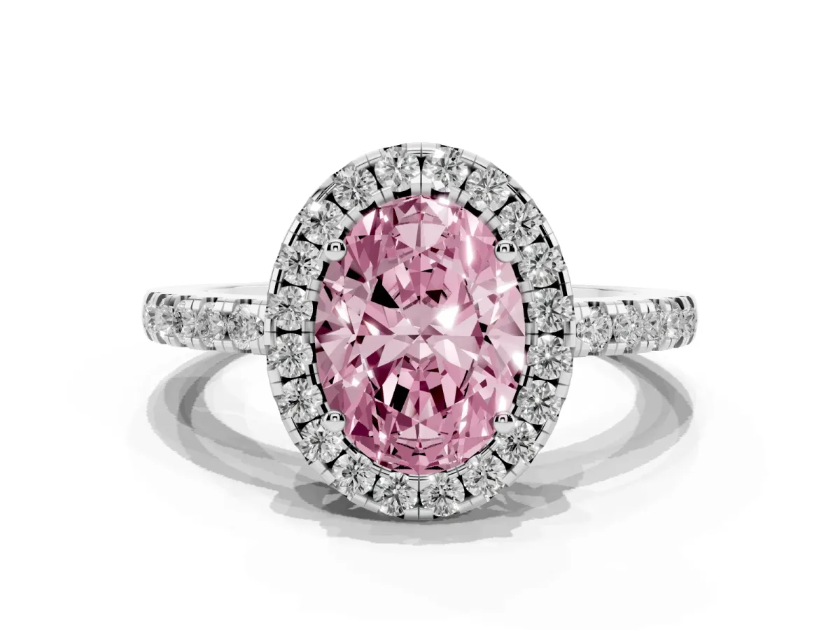 Fancy Pink Oval Cut Halo Diamond Engagement Ring with Pavé Band and Four-Prong Setting Platinum