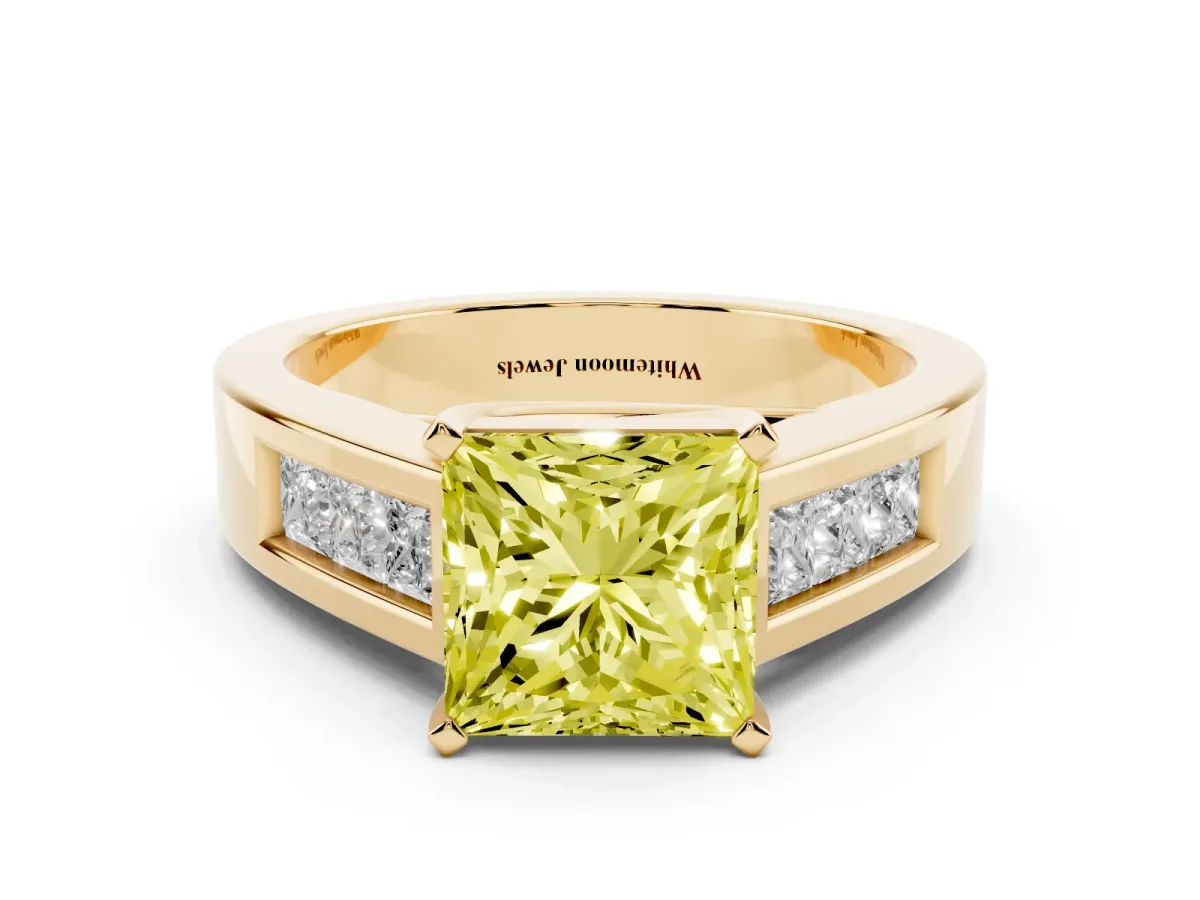 Fancy Yellow Princess Cut Cut Channel Set Solitaire Ring with Four-Prong Setting Yellow gold