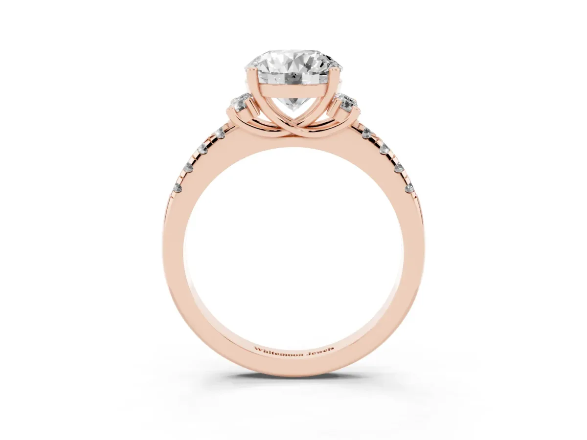 Round Cut Diamond Three-Stone Pave Band with Four-Prong Setting Rose gold