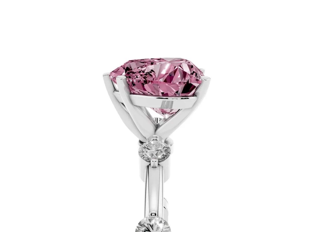 Fancy Pink Heart Cut Solitaire Diamond Ring with Bezel Set Side Stones and Prong Setting Silver