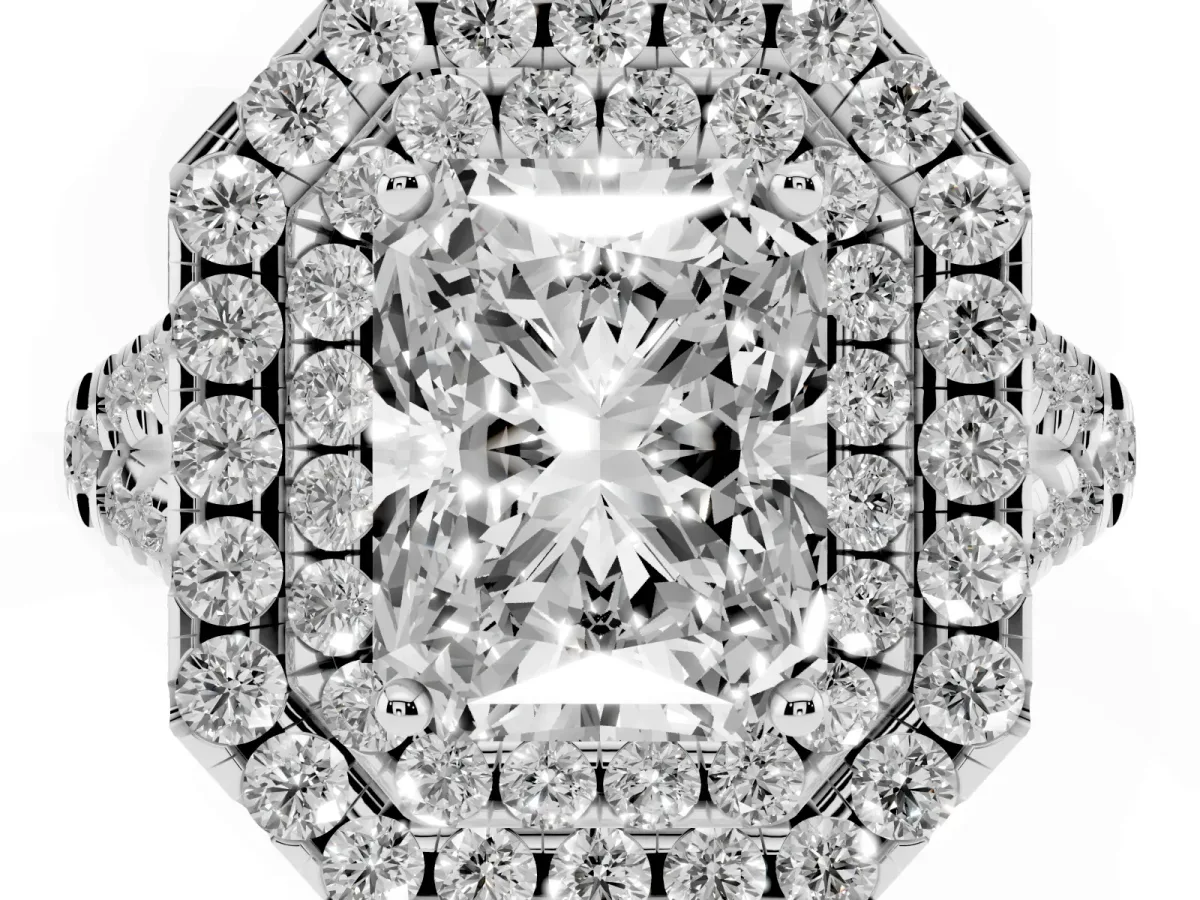 Double Halo Radiant Cut Diamond Pavé Split Shank Ring with Prong Setting Silver