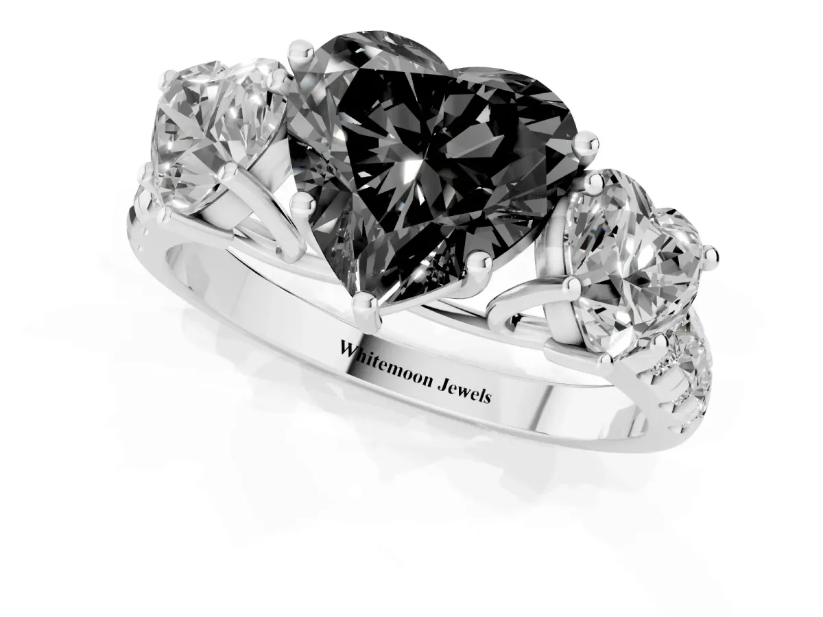 Fancy Black Three-Stone Heart Cut Diamond Pavé Band with Prong Setting Silver