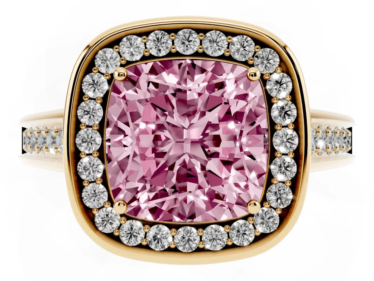 Fancy Pink Cushion Cut Halo Solitaire Diamond Ring with Pave Band and Bezel Setting Yellow gold