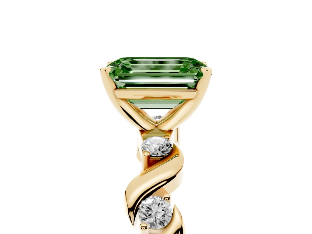 Fancy Green Emerald Cut Diamond Solitaire Twisted Band with Round Accents and Prong Setting Yellow gold