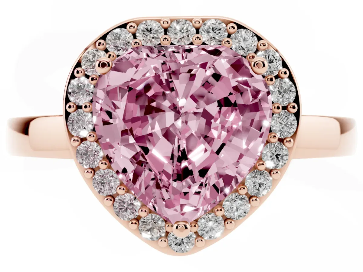 Fancy Pink Heart Cut Halo Diamond Ring with Solitaire Band and Prong Setting Rose gold