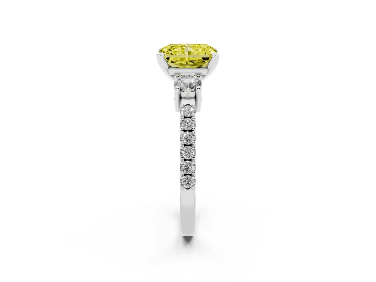 Fancy Yellow Radiant Cut Three-Stone Diamond Pavé Band with Prong Setting Silver