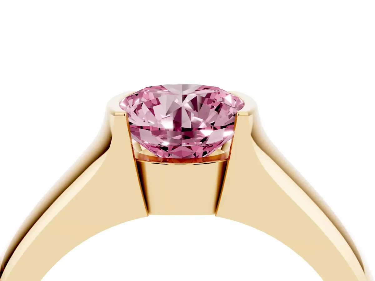 Fancy Pink Round Cut Solitaire Bezel Set Diamond Ring with Wide Band Yellow gold