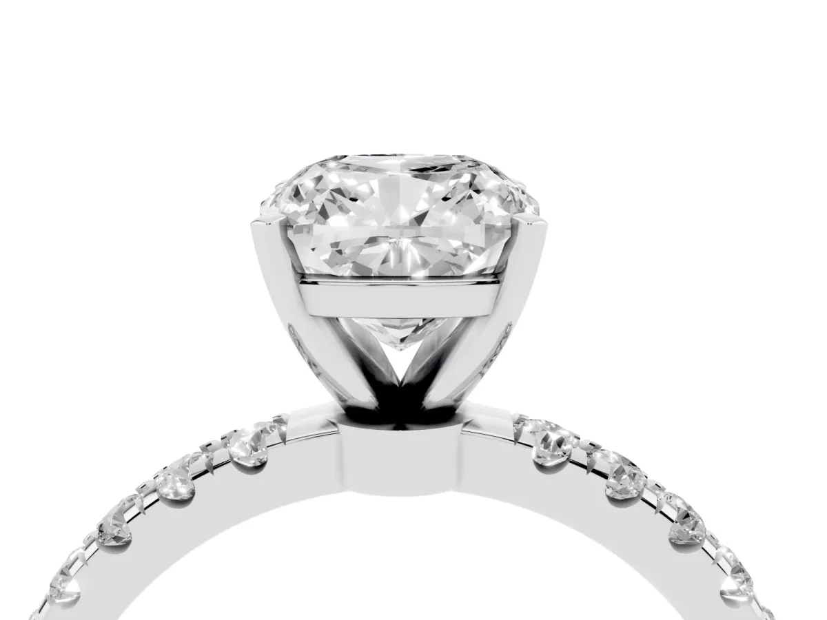 Cushion Cut Diamond Solitaire Ring with Pavé Accents and Four-Prong Setting White gold