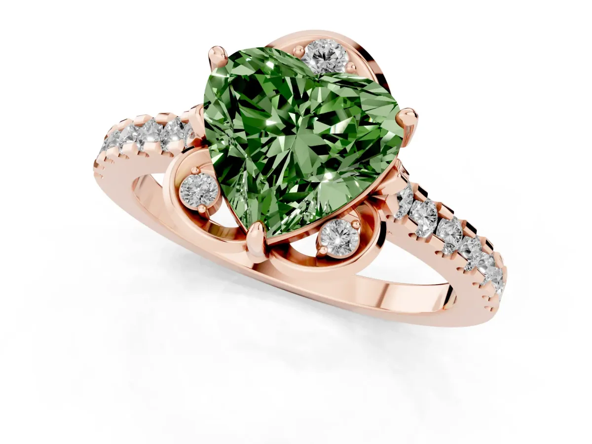 Fancy Green Heart Cut Diamond Ring with Pavé Band and Floral Prong Setting Rose gold