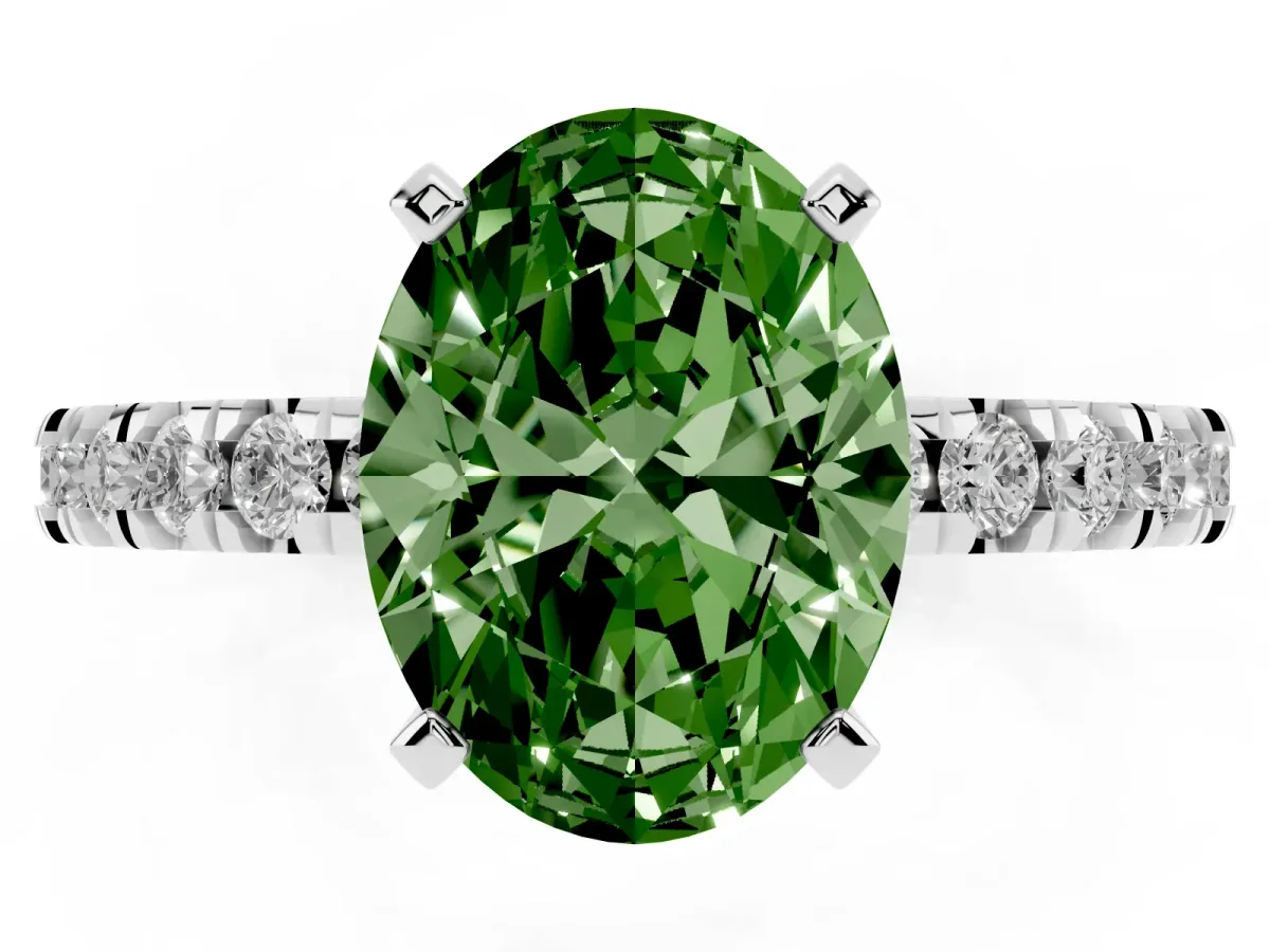 Fancy Green Oval Cut Diamond Pavé Band Solitaire with Four-Prong Setting Silver