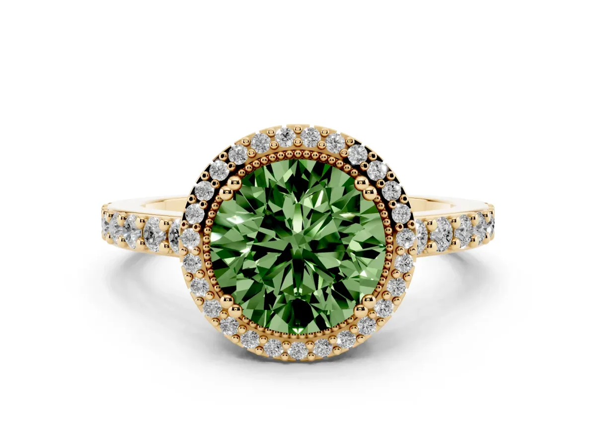 Fancy Green Round Cut Cut Diamond Halo Engagement Ring with Milgrain Detail and Pavé Band Yellow gold
