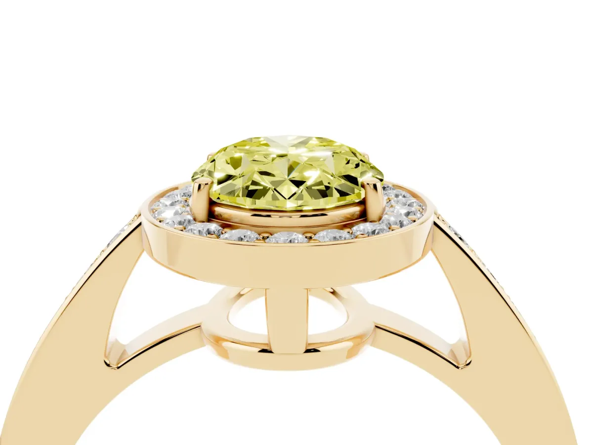 Fancy Yellow Oval Cut Halo Pavé Diamond Engagement Ring with Bezel Setting Yellow gold